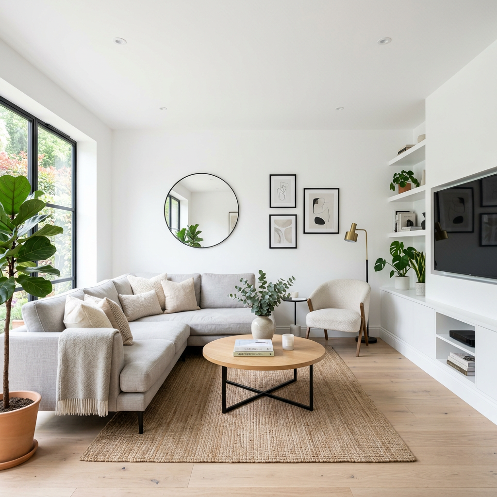 Bright living room with gray sectional sofa, beige armchair, round wooden coffee table, indoor plants, and wall art